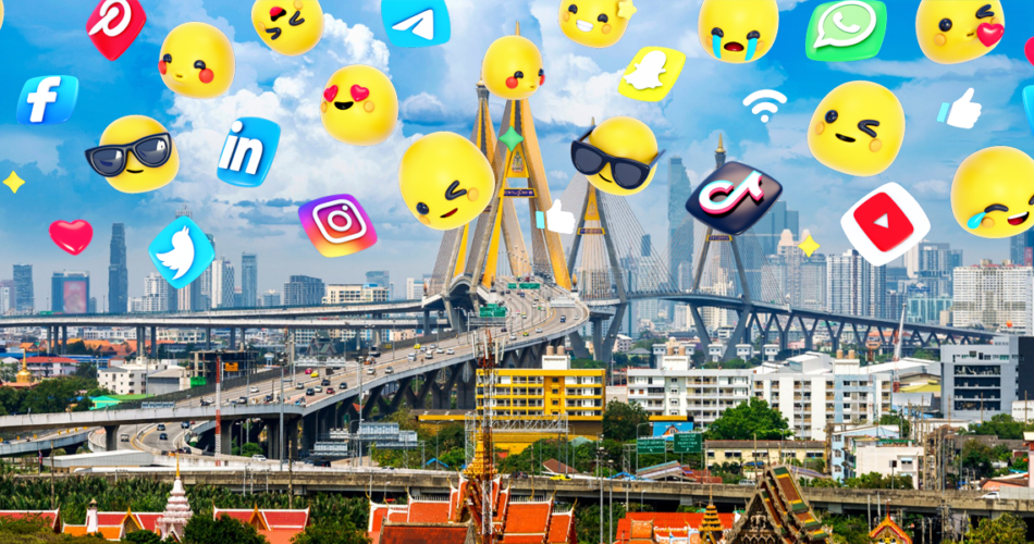 Social media icons of Facebook, Instagram, and LINE representing digital marketing in Thailand